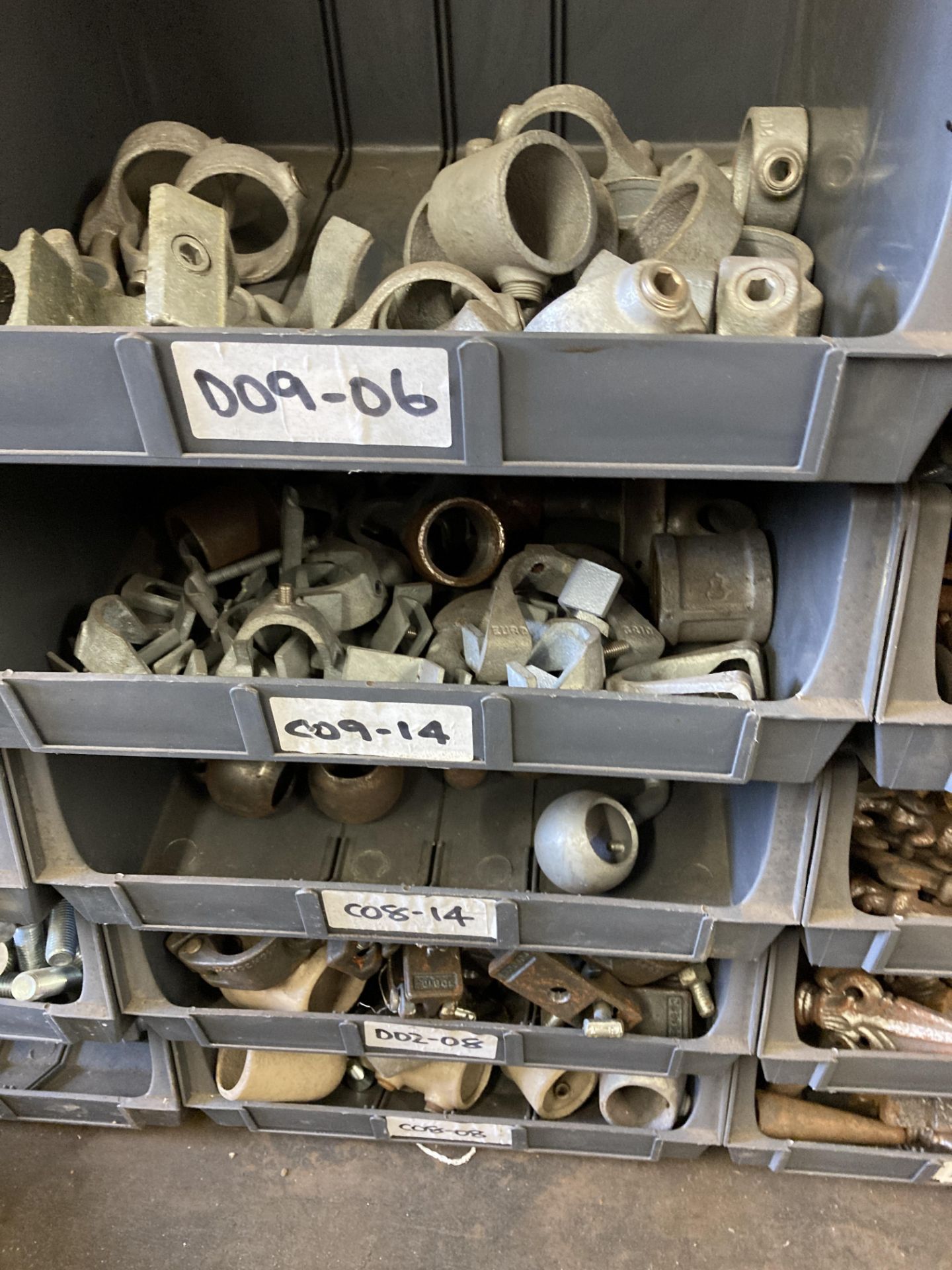 A quantity wrought iron railing components in 35 plastic bins - Image 11 of 11