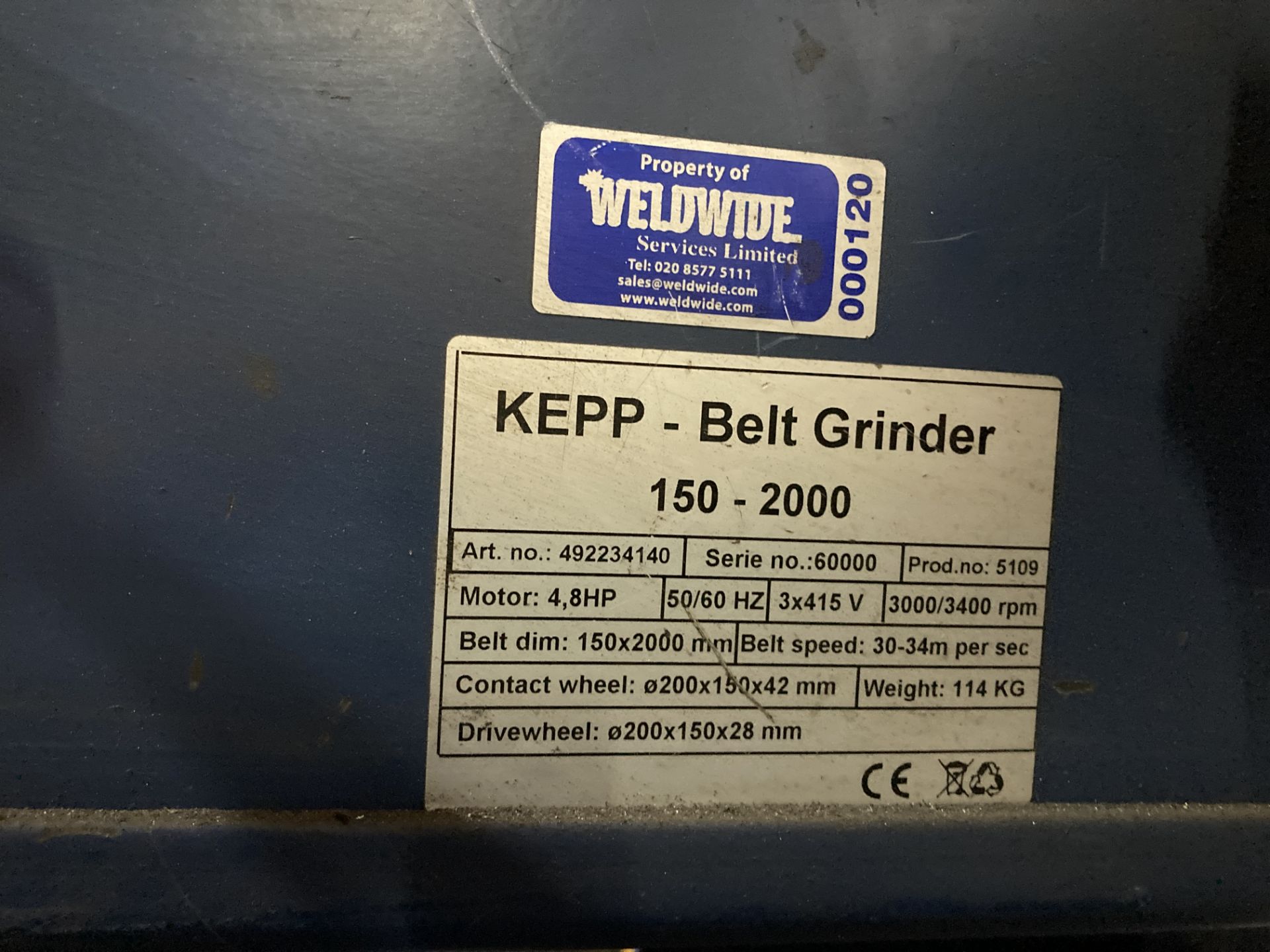 Kepp model 150-2000 belt grinder/linisher, Series 60,000, Serial no. 492234140, belt dimension - Image 4 of 5