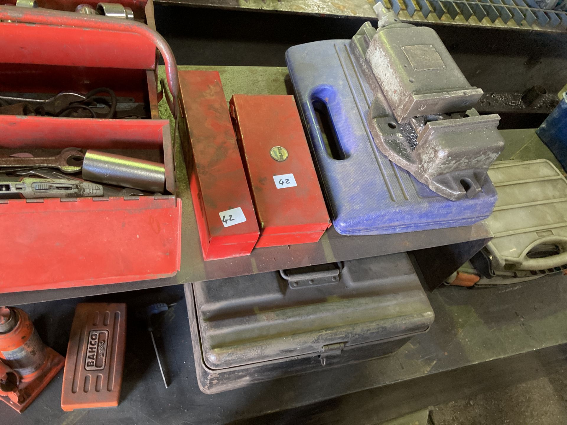 Range of miscellaneous toolboxes, spanners, jig, sockets, machine vice, etc (everything on top of - Image 3 of 8