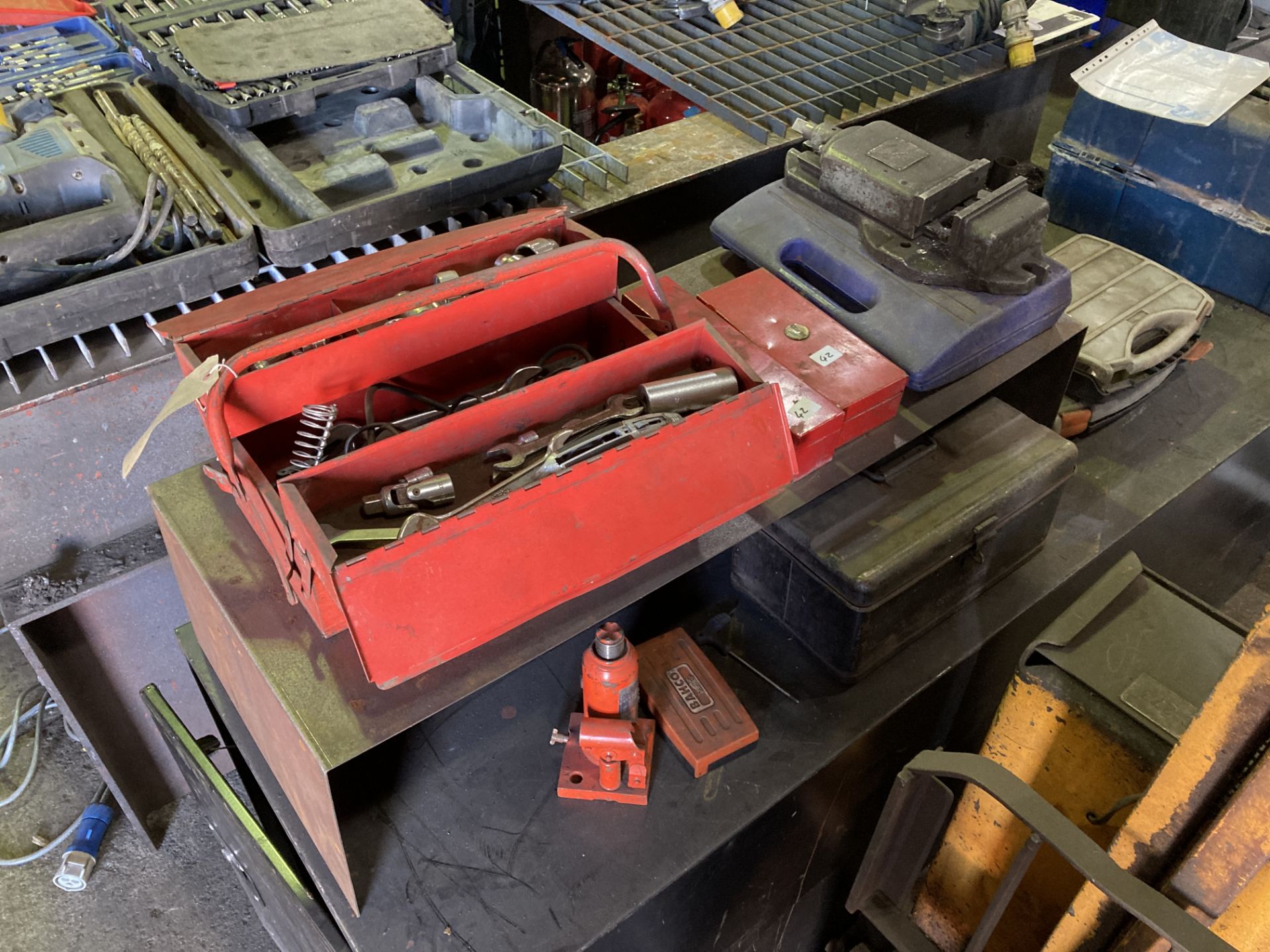 Range of miscellaneous toolboxes, spanners, jig, sockets, machine vice, etc (everything on top of