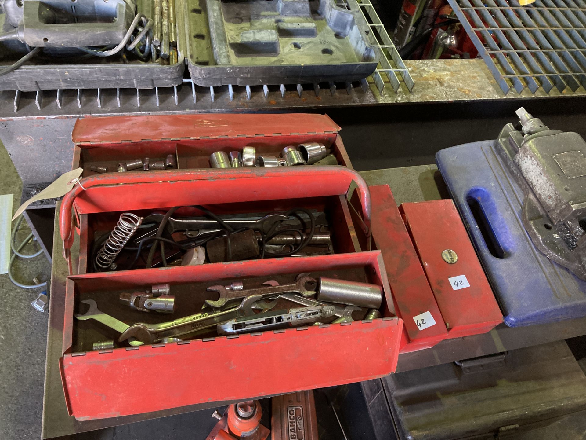 Range of miscellaneous toolboxes, spanners, jig, sockets, machine vice, etc (everything on top of - Image 2 of 8