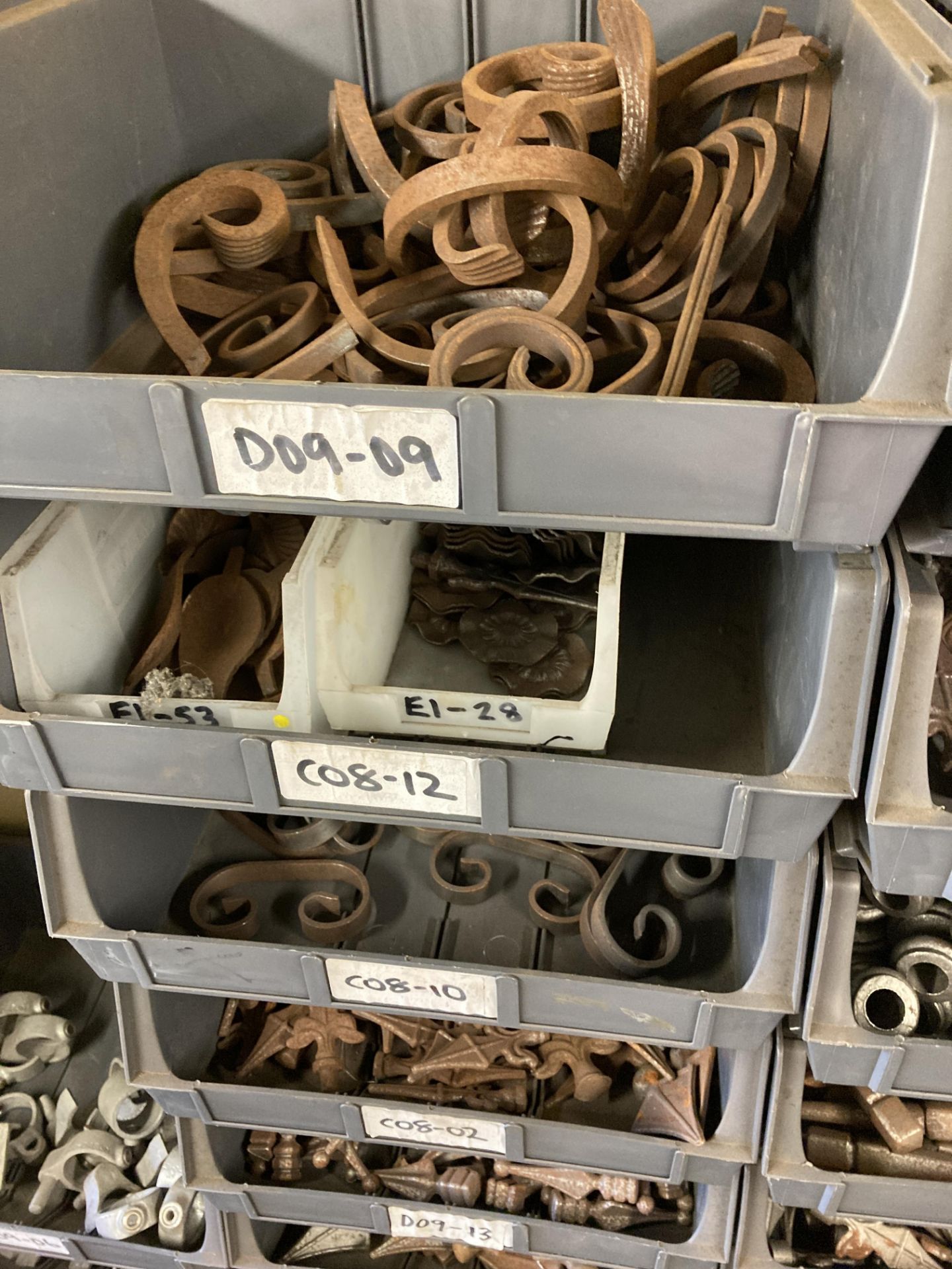 A quantity wrought iron railing components in 35 plastic bins - Image 8 of 11