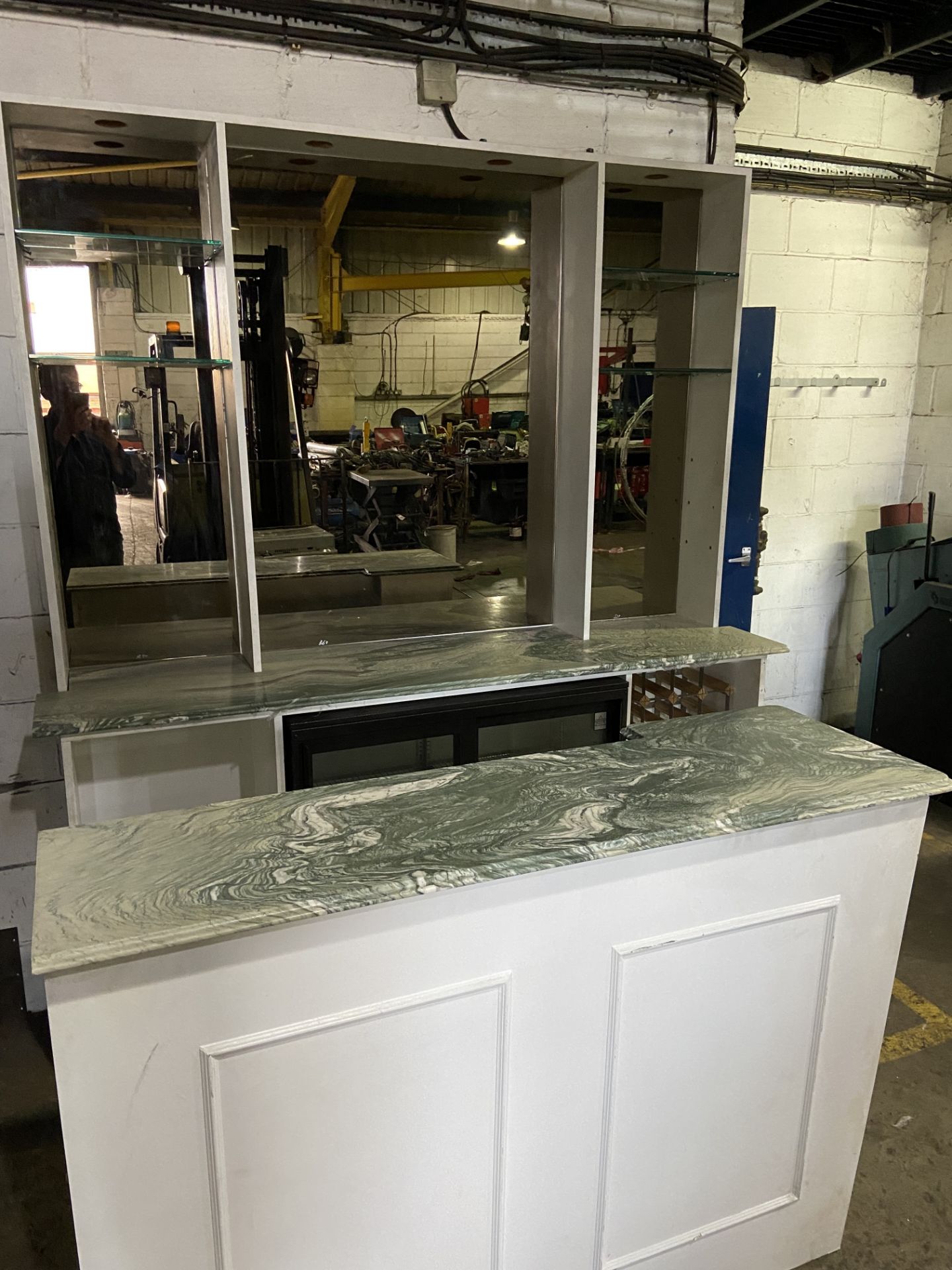 Bar with green veined Italian marble top, front and back sections with bronzed mirror back - Image 2 of 4