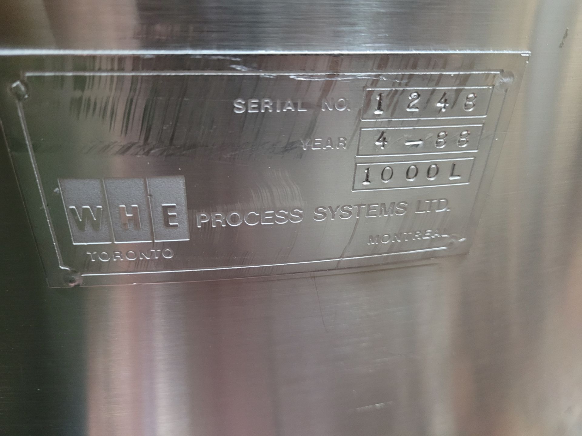 Stainless 1000 litre single wall holding tank, mfg by WHE Process Systems, s/n 1248, 38" dia x 3'6" - Image 7 of 10