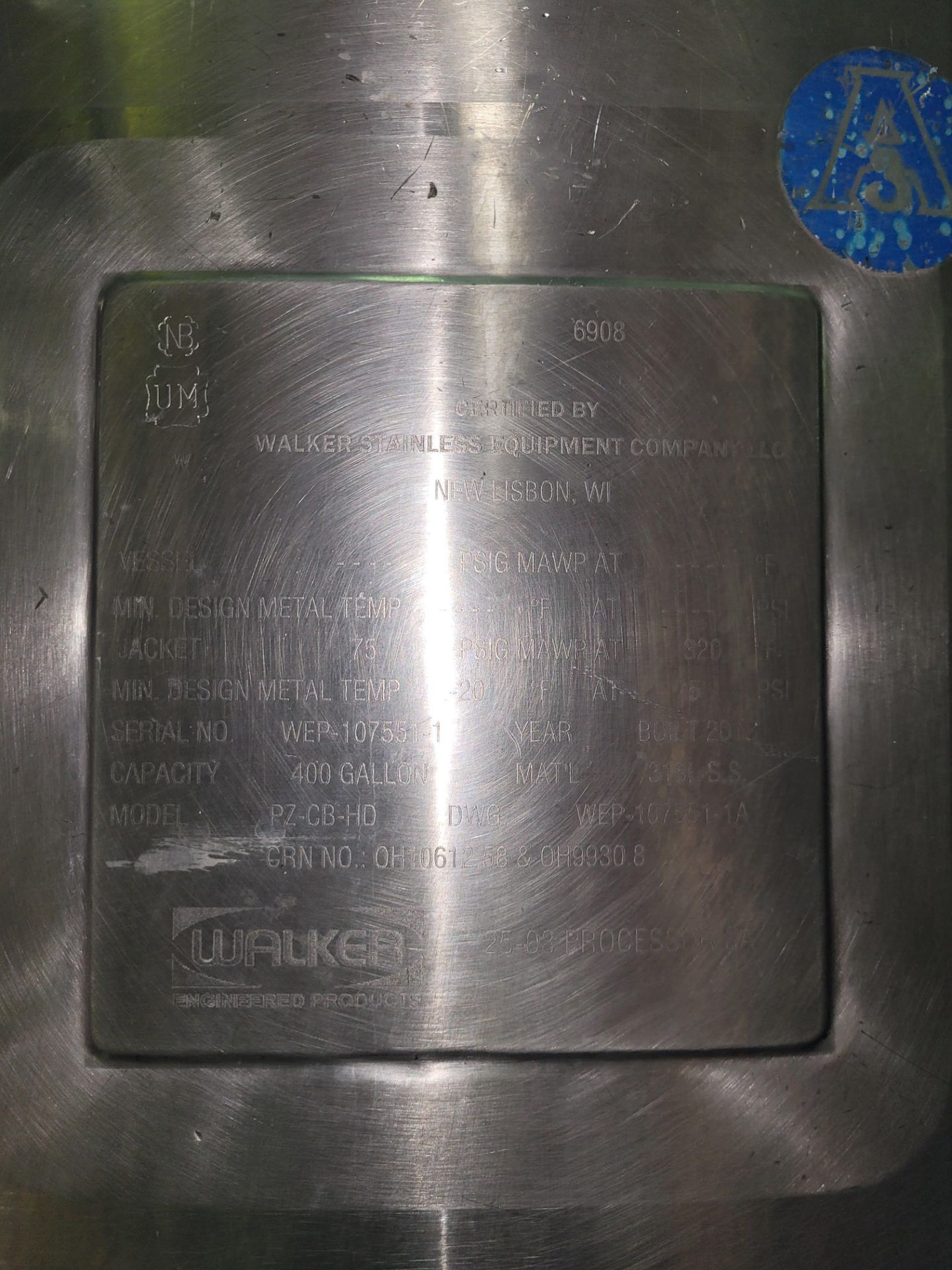 WALKER 400 gallon process tank, mod. PZ-CB-HD, ser # WEP-107551-1A, mfg. 2013, 75 psi @ 320 degree f - Image 5 of 9