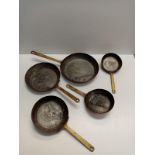 Set of 5 Brass and Copper Vintage Skillets.