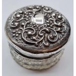 Vintage Dressing Table Silver Topped Jar. Silver Lid Having Floral Scrolled Repousse Work. Clear