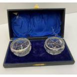 Antique Pair of Cut Glass and Silver Salts. Hallmark for London 1920. In Original Satin & Velvet