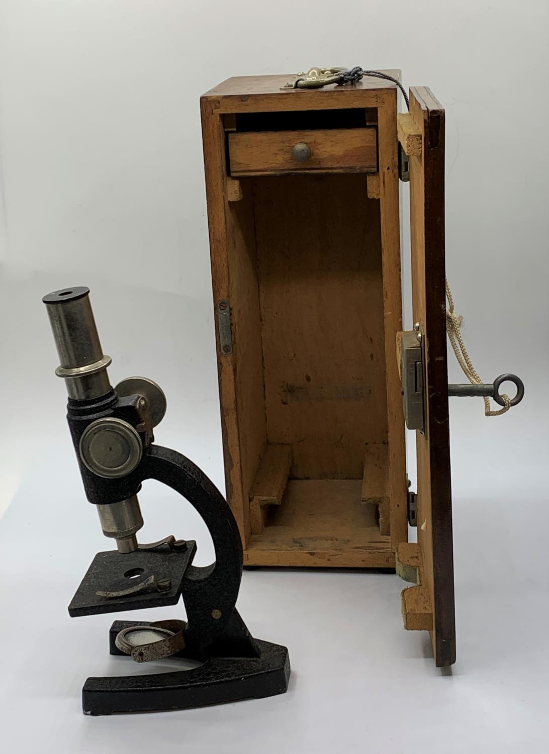 Vintage microscope in wooden box with lock & key, 26x10cms