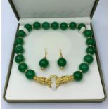 A Jade Necklace and Earrings Set with 18K Gold Filled Chinese Dragons Clasp in a Presentation Box,