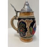 Vintage Beer Stein with Clear Base Marking for Thewalt and Western Germany .Coloured Relief Work