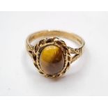 9ct Gold Ring Having an Oval Tigers Eye Cabochon to Top of Mount. Full UK Hallmark, Size O/P, 3.9