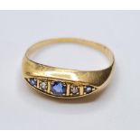 18ct Gold Sapphire and Diamond Stone Set Ring. Dainty Boat Shape Setting, Size O, 1.9 Grams.