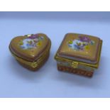 Pair of Fine China Pill Boxes. One Square, the Other Heart Shaped. Finished in Gilt Beading.