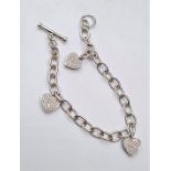 18CT WHITE GOLD DIAMOND SET HEART CHARM STYLE BRACELET, WEIGHT 18G & 1CT APPROX