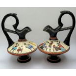 Pair of hand painted Grecian Jugs based on Greek mythology, the capture of Troy and Parris's