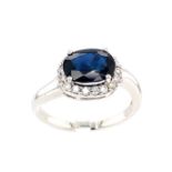 18K white gold ring with 2.29ct oval halo natural blue sapphire (Madagascar), and 0.29ct plain