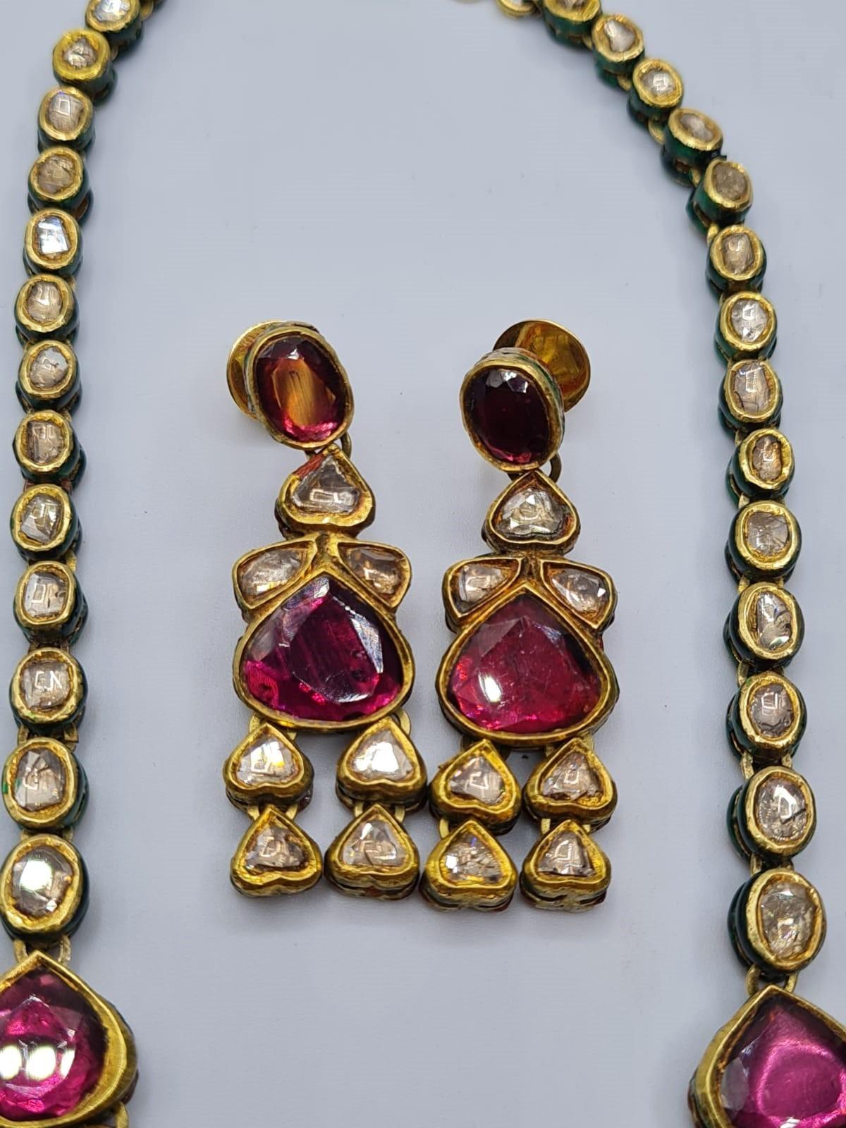 An antique handmade and decorated ruby and diamond necklace 1 cracked stone with matching earrings - Image 4 of 8