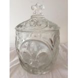 Vintage 1940?s/50?s Glass Biscuit Barrel Having Fleur De Lys Impressions in Glass Sides. Matching