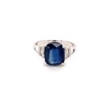 18K white gold ring with 3.40ct cushion Thai blue sapphire and 0.13ct diamonds (G/I, SI), weight 3.