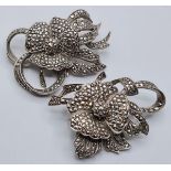 Set of Vintage Art Deco Silver Marcasite Clip on Brooches. Both Marked for Silver and Having