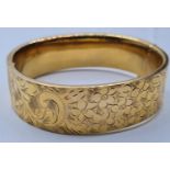 Vintage 9ct Gold Engraved Bangle with Safety Chain, 23.7g.