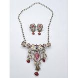 Antique gold and silver necklace and earrings, encrusted with diamonds and top quality rubies