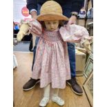 1930’S Life Like Doll, made of felt, 80cms Tall with Floral Dress, Sandals and Hat.