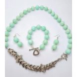 An amazonite necklace. bracelet and earrings set. Necklace length: 63cm, bracelet length: 21cm,