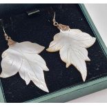 Pair Vintage Silver Set Drop Earrings in the Form of Leaves. Fine Mother of Pearl in a Pale Cream