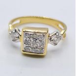 18CT YELLOW GOLD SQUARE SET DIAMOND CLUSTER RING WEIGHT 3.7G & 0.20CT APPROX. Size M