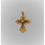 Antique 15k yellow gold (tested) cross with enamel and cabochon emerald (2x3mm), 42mm long and