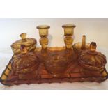 Vintage Art Deco Amber Glass Dressing Table Set. To Include Glass Tray, Matching Powder Jars, Ring