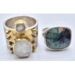 Set of 2 Rings in 925 silver, one with emerald stone and other with labradorite + iolite