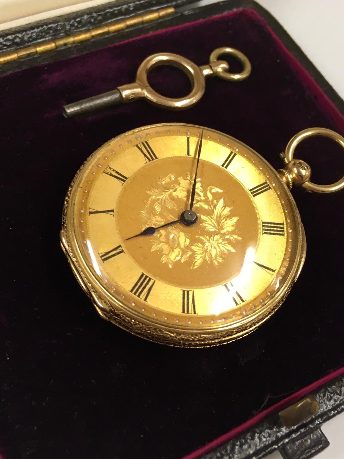 Antique 18k solid gold Pocket watch with key and box, 38mm diameter - Image 3 of 8