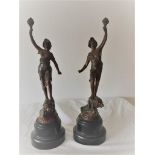 Pair of Art deco spelter figures having been painted brown , 35cm tall 1920s/30s