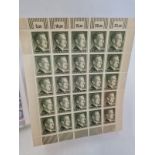 A Sheet of 25 Deutschesrech Stamps Value 1 Reich Mark with the Profile of Hitler.