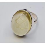 Large Silver Oval Stone Set Ring. Pale Citrine Having a ?Cupid?s Bow? Inside the Stone in an ?