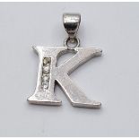 STERLING SILVER CZ SET INITIAL K PENDANT/CHARM, WEIGHT 1.6G
