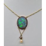 Victorian 9ct Mourning Pendant & Necklace with Opal Face and a Drop Diamond and Pearl, Rear Glass