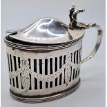 Large Vintage Silver Mustard Pot. Having Blue Glass Liner in Perfect Condition. Double Finial to top