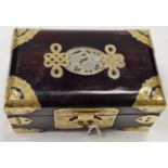 Oriental Jewel Box, Jade Inset Engraved Brass Escutcheon.