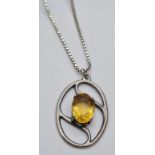 Rennie Mackintosh Designed Silver Pendant on a Silver Box Chain. Large Oval Citrine Centre Stone.