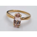 9ct Gold Ring with Boat Shaped Morganite Solitaire, Clear Hallmark for Birmingham 9ct Gold. Size