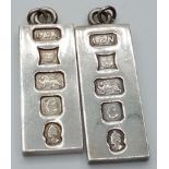 2 Vintage Silver Ingot Pendants, Hallmarks for Birmingham 1977, 3.3cm approx, 30 grams approx.