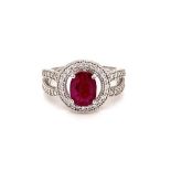 18k white gold Milgrain round halo ring with 1.30ct Mozambique oval ruby and 0.43ct diamond