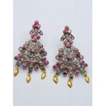 Antique rose gold and silver earrings with diamonds and rubies, weight 10.8g