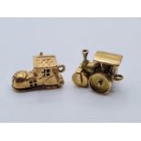 2 9ct gold charms, 1 steam roller and 1 boot, weight 5.4g