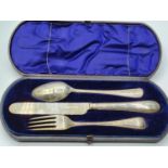 Victorian silver knife, fork and spoon set in original box made by Henry Archer in 1876.