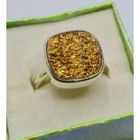 Silver Ring with Square Mount Having Gold Sparkling Surface to Top. 925 Silver. Size N 1/2.